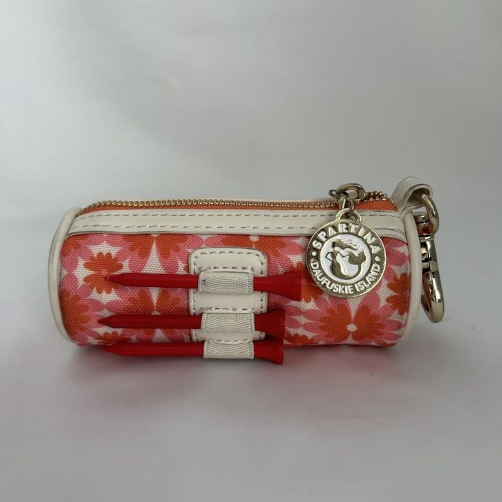 Spartina 449 Golf Tee Holder Pouch Bag Keychain Clip On Floral Pink Orange Tees